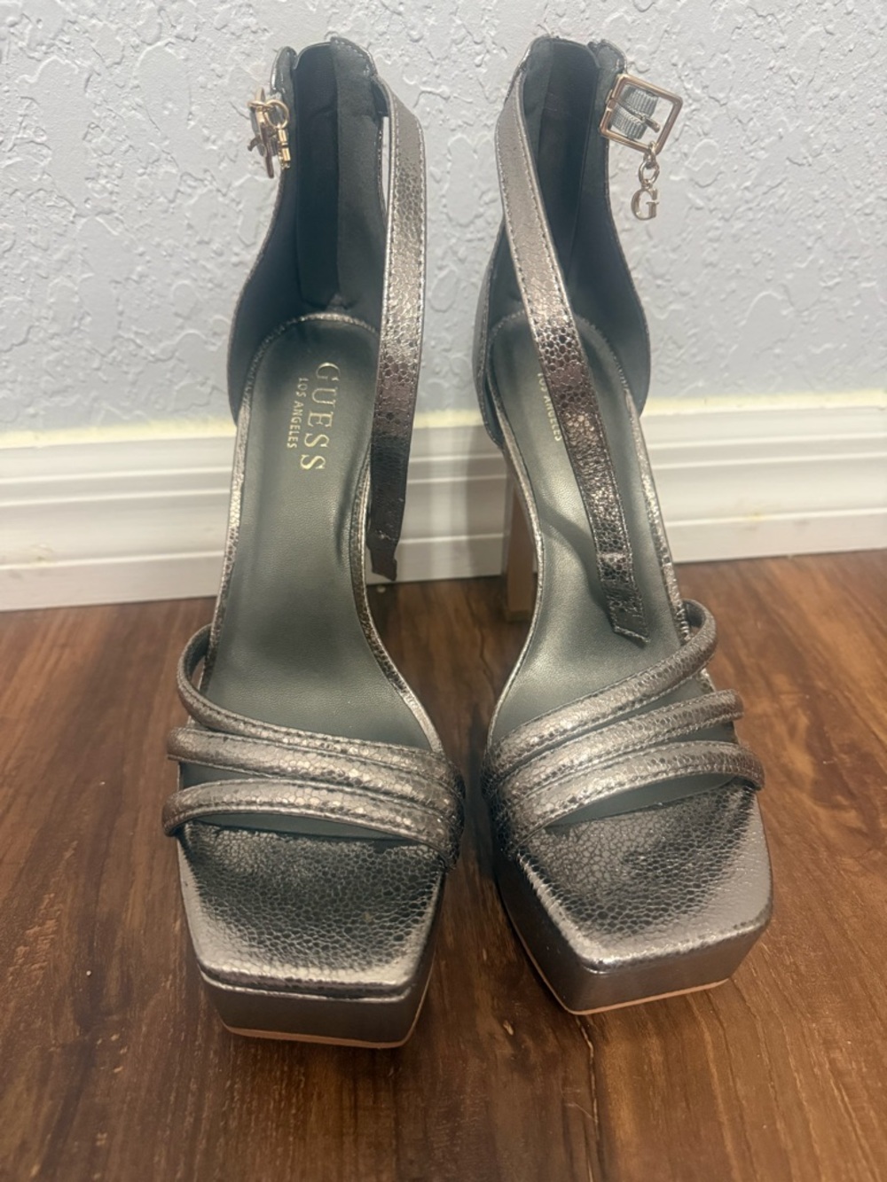 GUESS Bronze Metallic Platform Heels with Ankle Strap